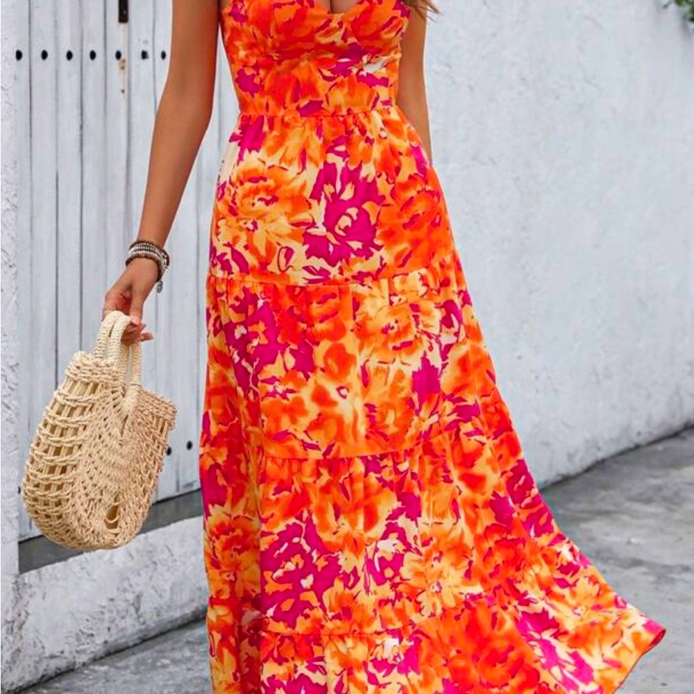 Vacation Style Long Floral Spaghetti Strap Dress